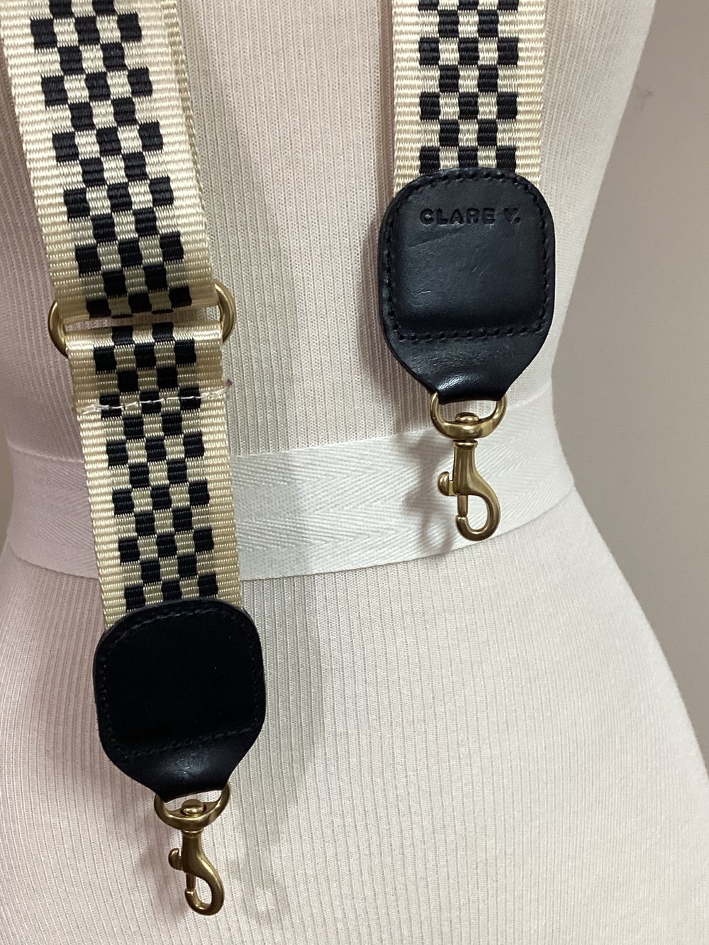 Clare V. Adjustable Crossbody Bag Guitar Strap Black Cream Checkered NEW - Picture 4 of 6